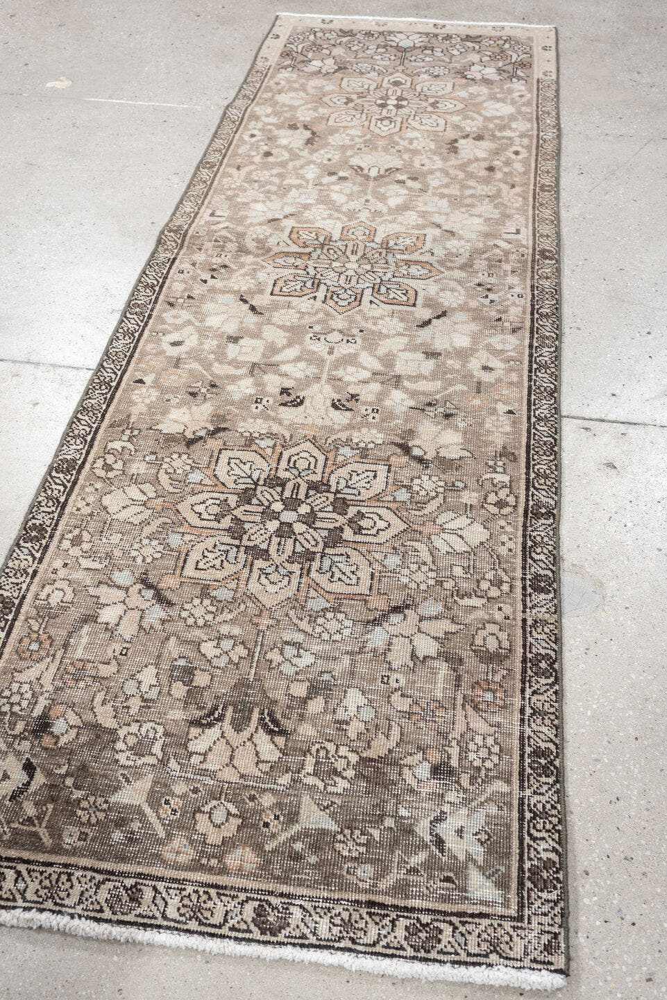 2' x 7' one-of-a-kind handmade antique Tabriz runner rug. Color palette: taupe, ivory, beige, charcoal, blush, sage, brown