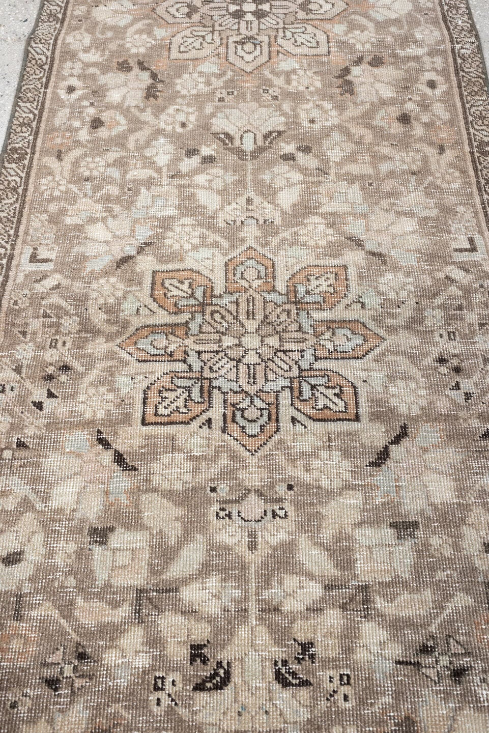 2' x 7' one-of-a-kind handmade antique Tabriz runner rug. Color palette: taupe, ivory, beige, charcoal, blush, sage, brown