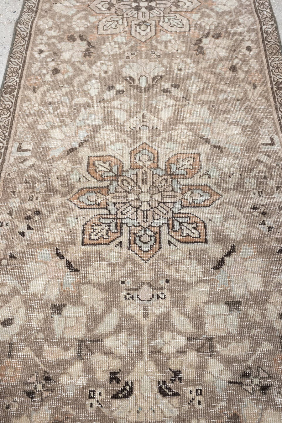 2' x 7' one-of-a-kind handmade antique Tabriz runner rug. Color palette: taupe, ivory, beige, charcoal, blush, sage, brown