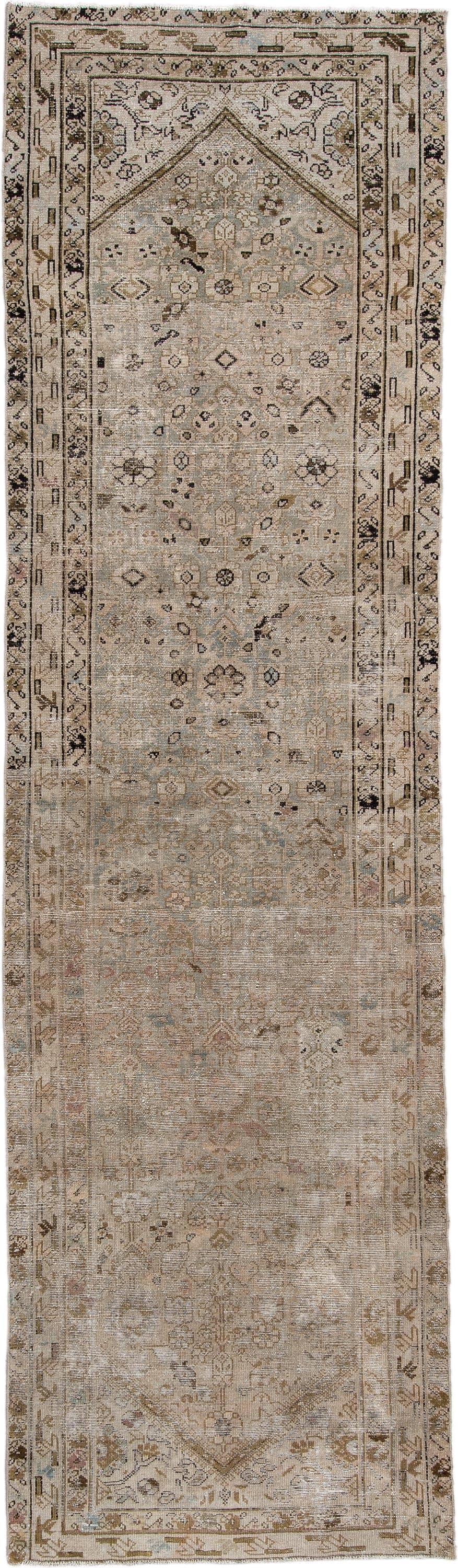 3' x 10' one-of-a-kind handmade antique Malayer runner rug. Color palette: taupe, ivory, beige, charcoal, sage, camel, brown