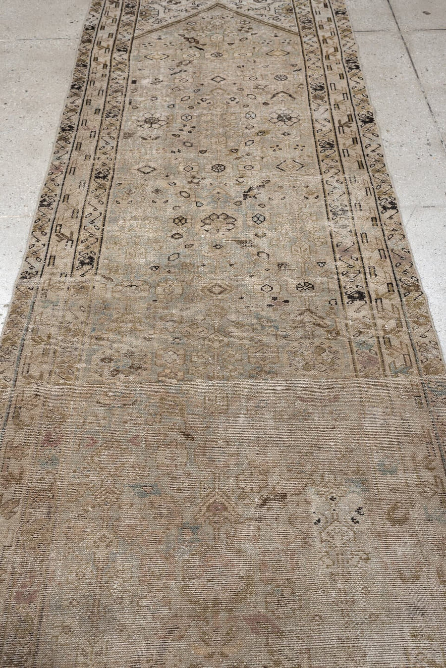 3' x 10' one-of-a-kind handmade antique Malayer runner rug. Color palette: taupe, ivory, beige, charcoal, sage, camel, brown