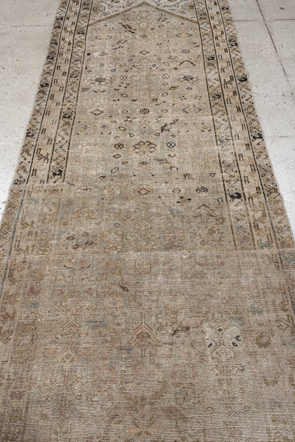 3' x 10' one-of-a-kind handmade antique Malayer runner rug. Color palette: taupe, ivory, beige, charcoal, sage, camel, brown