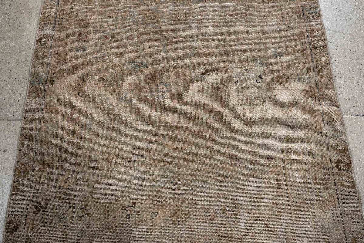 3' x 10' one-of-a-kind handmade antique Malayer runner rug. Color palette: taupe, ivory, beige, charcoal, sage, camel, brown