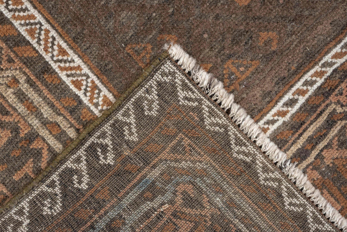 3' x 8' one-of-a-kind handmade antique Belouch runner rug. Color palette: brown, rust, ivory, charcoal, taupe, terracotta