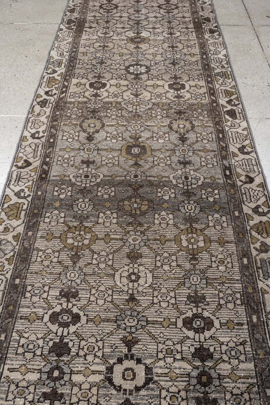 3' x 12' one-of-a-kind handmade antique Malayer runner rug. Color palette: ivory, taupe, charcoal, brown, ochre, sage, slate