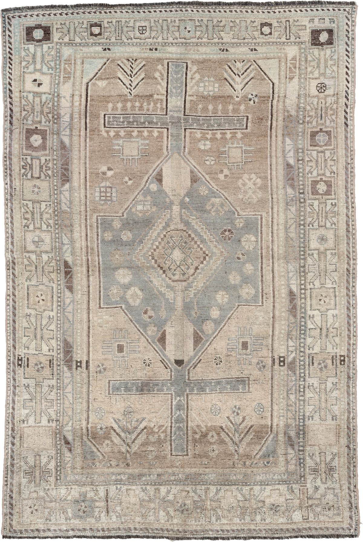 4' x 6' one-of-a-kind handmade antique Shiraz rug. Color palette: taupe, ivory, blue gray, charcoal, brown, sage, beige