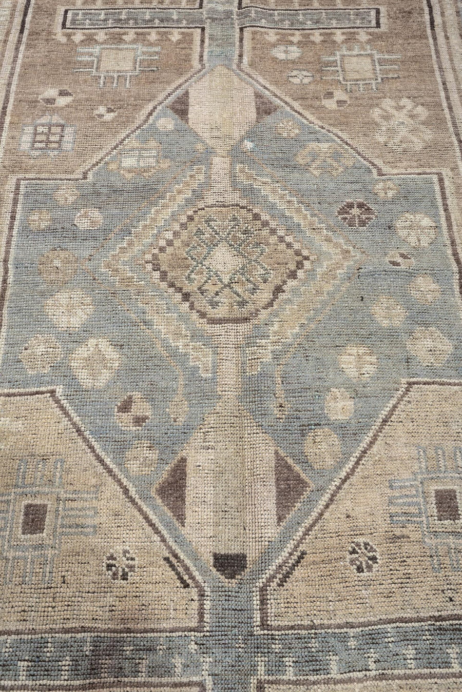 4' x 6' one-of-a-kind handmade antique Shiraz rug. Color palette: taupe, ivory, blue gray, charcoal, brown, sage, beige