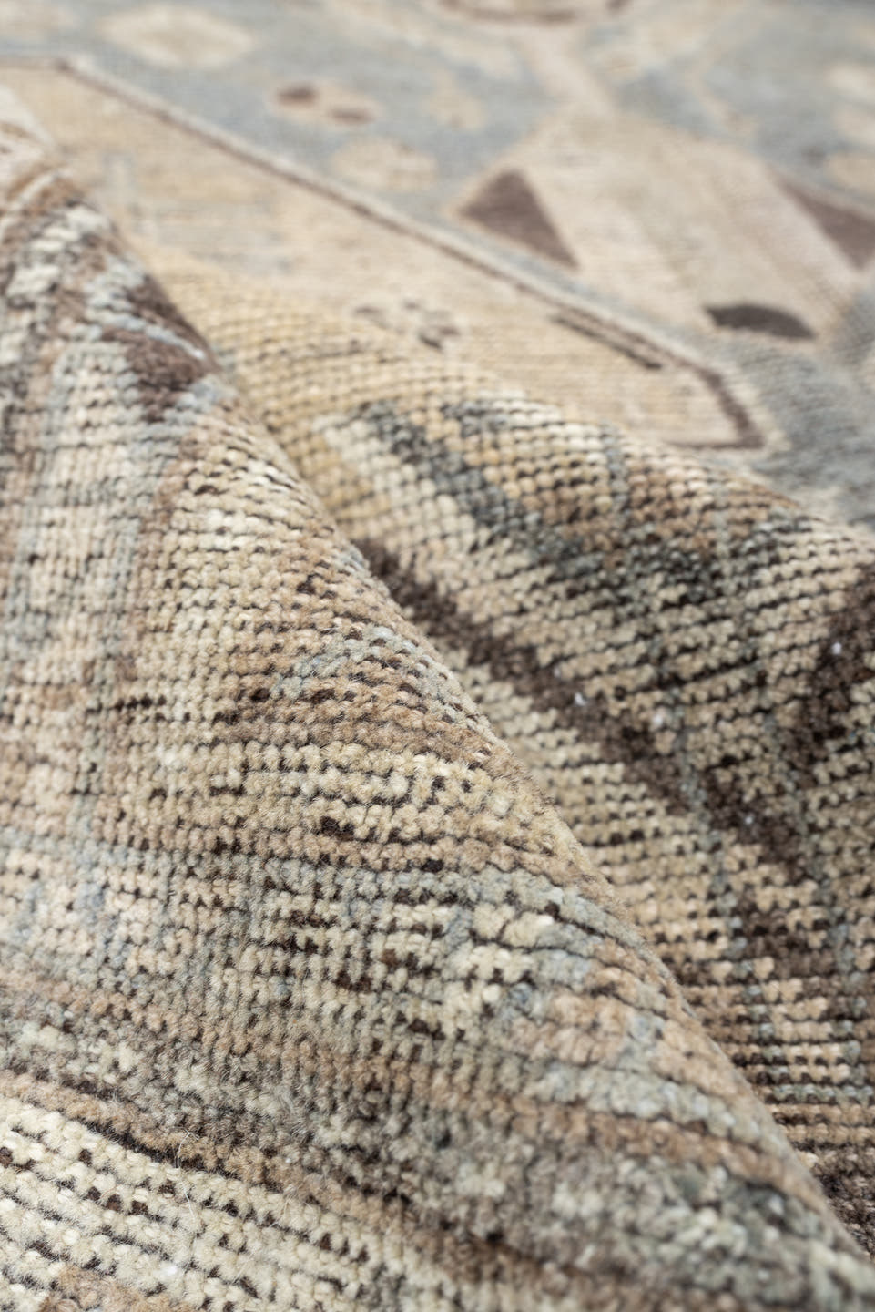 4' x 6' one-of-a-kind handmade antique Shiraz rug. Color palette: taupe, ivory, blue gray, charcoal, brown, sage, beige