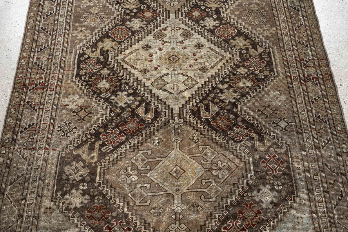 3' x 5' one-of-a-kind handmade antique Shiraz small size rug. Color palette: taupe, charcoal, ivory, camel, brown, rust