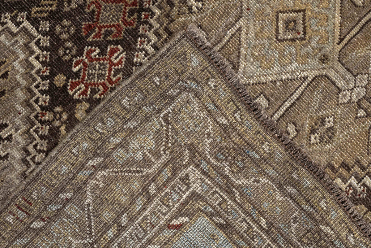 3' x 5' one-of-a-kind handmade antique Shiraz small size rug. Color palette: taupe, charcoal, ivory, camel, brown, rust