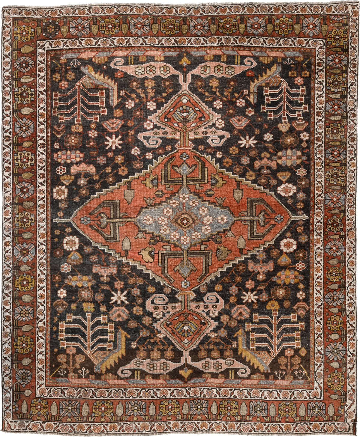 4' x 5' one-of-a-kind handmade antique Bakhshayesh rug. Color palette: charcoal, terracotta, ivory, rust, sage, gold