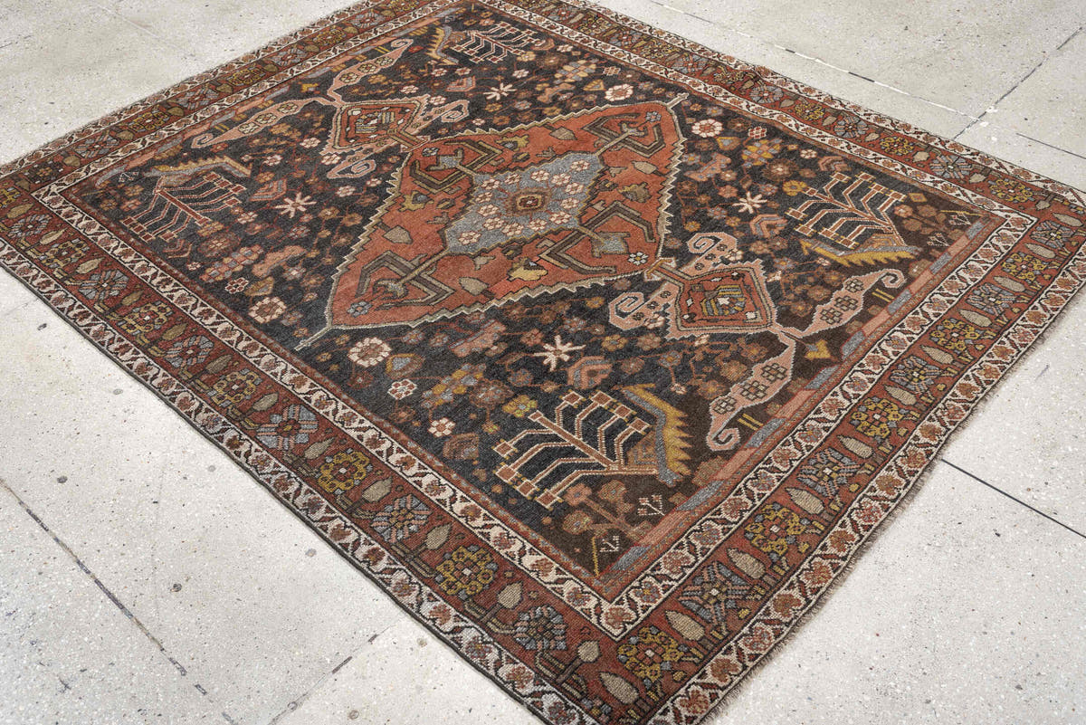 4' x 5' one-of-a-kind handmade antique Bakhshayesh rug. Color palette: charcoal, terracotta, ivory, rust, sage, gold