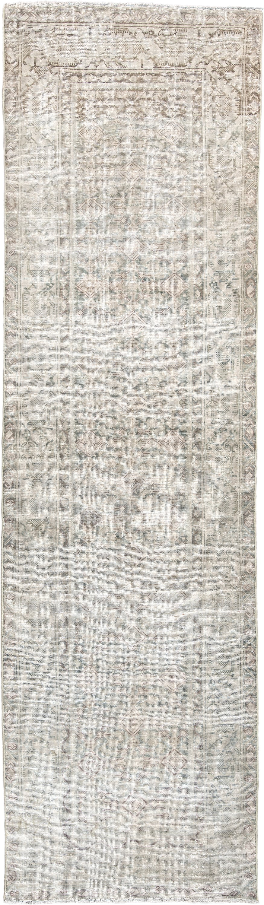 3' x 10' one-of-a-kind handmade antique Mahal runner rug. Color palette: ivory, blue gray, taupe, beige, pale sage, blush