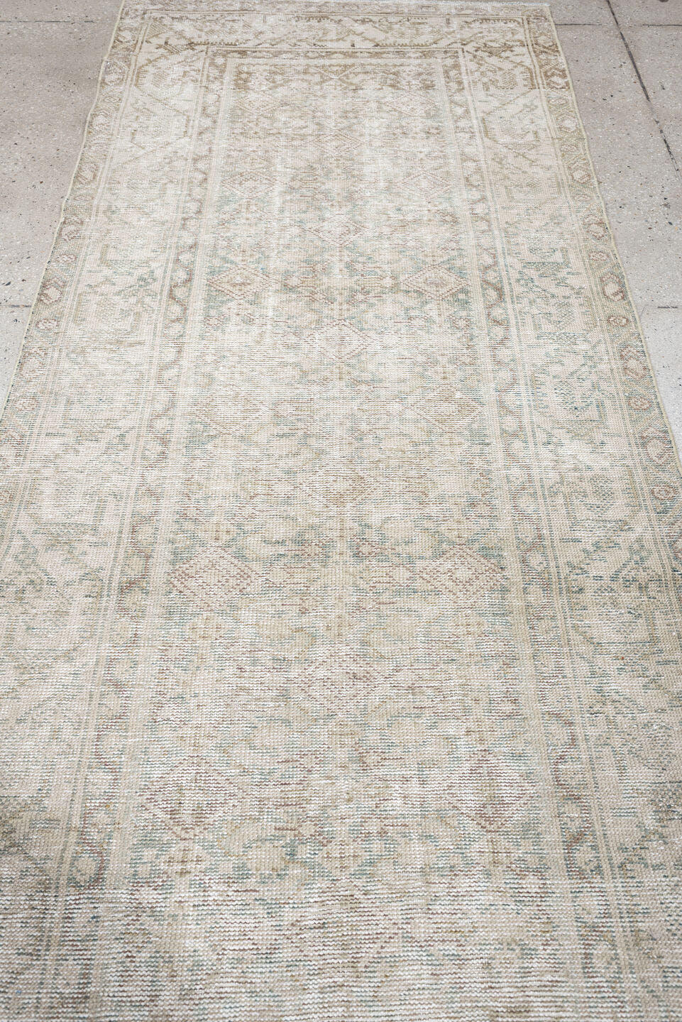 3' x 10' one-of-a-kind handmade antique Mahal runner rug. Color palette: ivory, blue gray, taupe, beige, pale sage, blush
