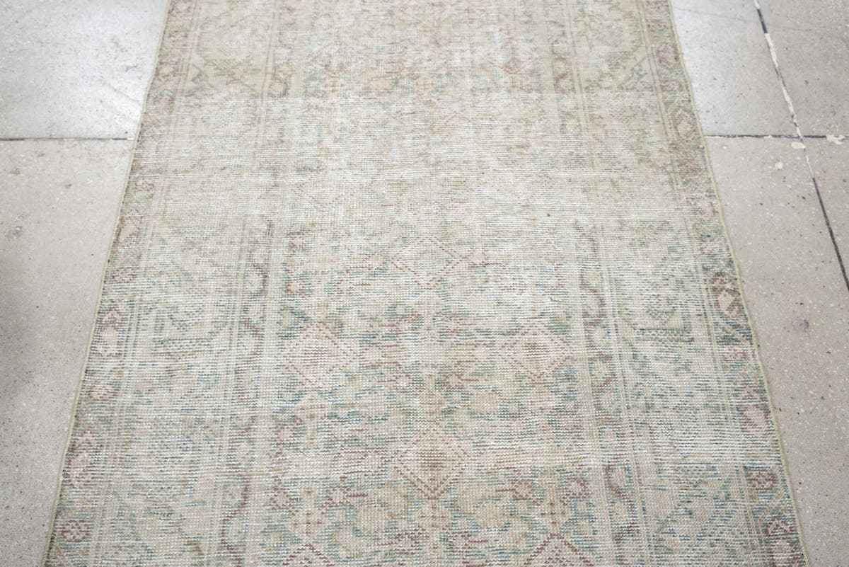 3' x 10' one-of-a-kind handmade antique Mahal runner rug. Color palette: ivory, blue gray, taupe, beige, pale sage, blush