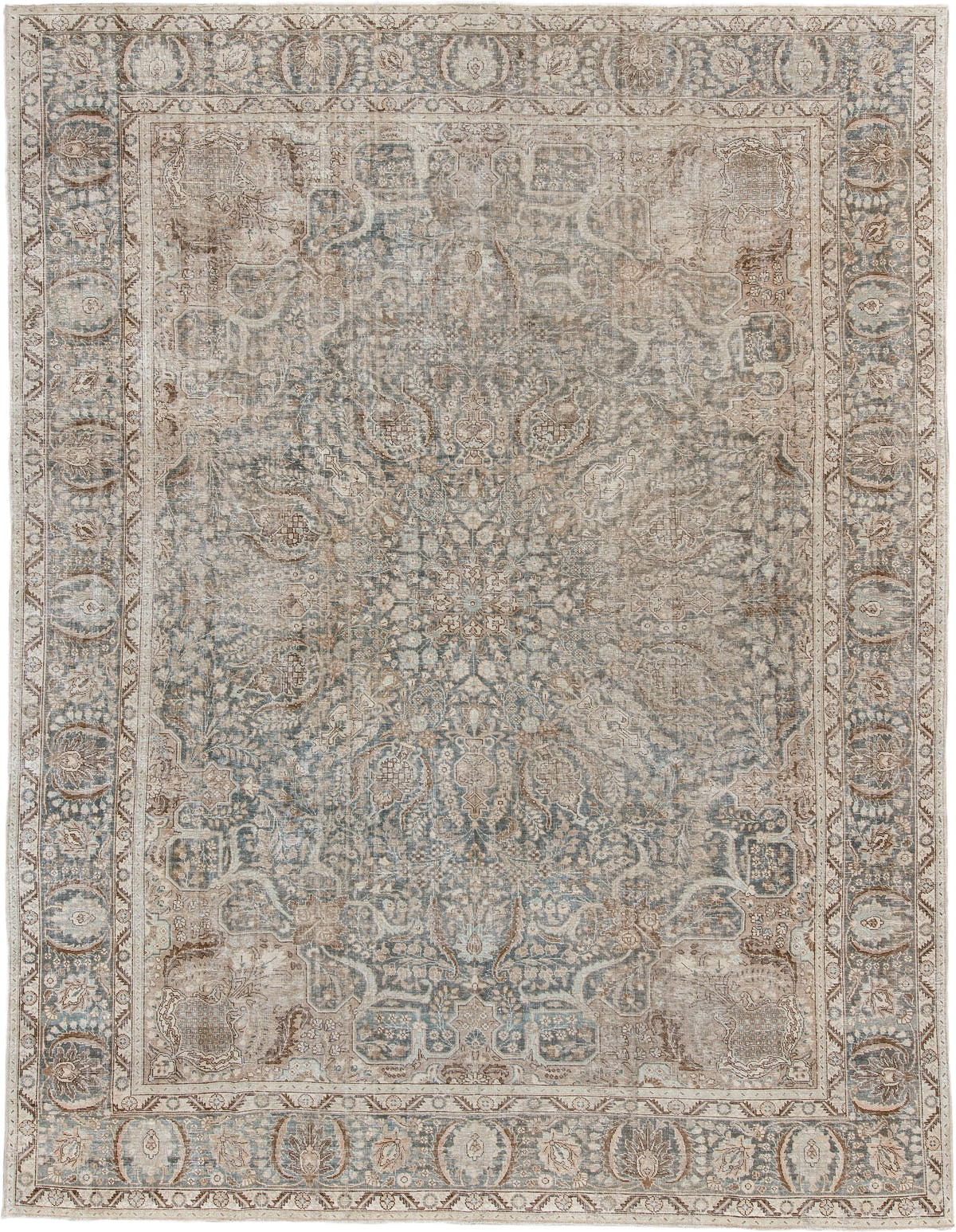 9' x 12' one-of-a-kind handmade antique Tabriz large size rug. Color palette: blue gray, ivory, taupe, beige, brown