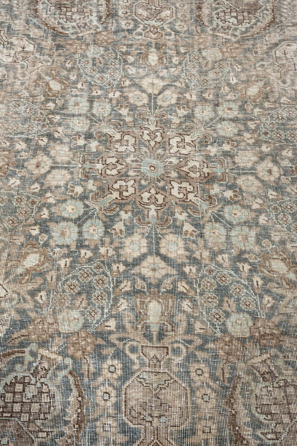 9' x 12' one-of-a-kind handmade antique Tabriz large size rug. Color palette: blue gray, ivory, taupe, beige, brown