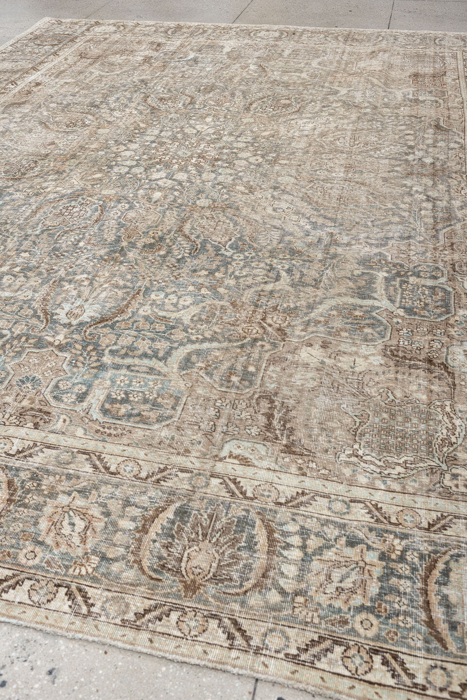 9' x 12' one-of-a-kind handmade antique Tabriz large size rug. Color palette: blue gray, ivory, taupe, beige, brown