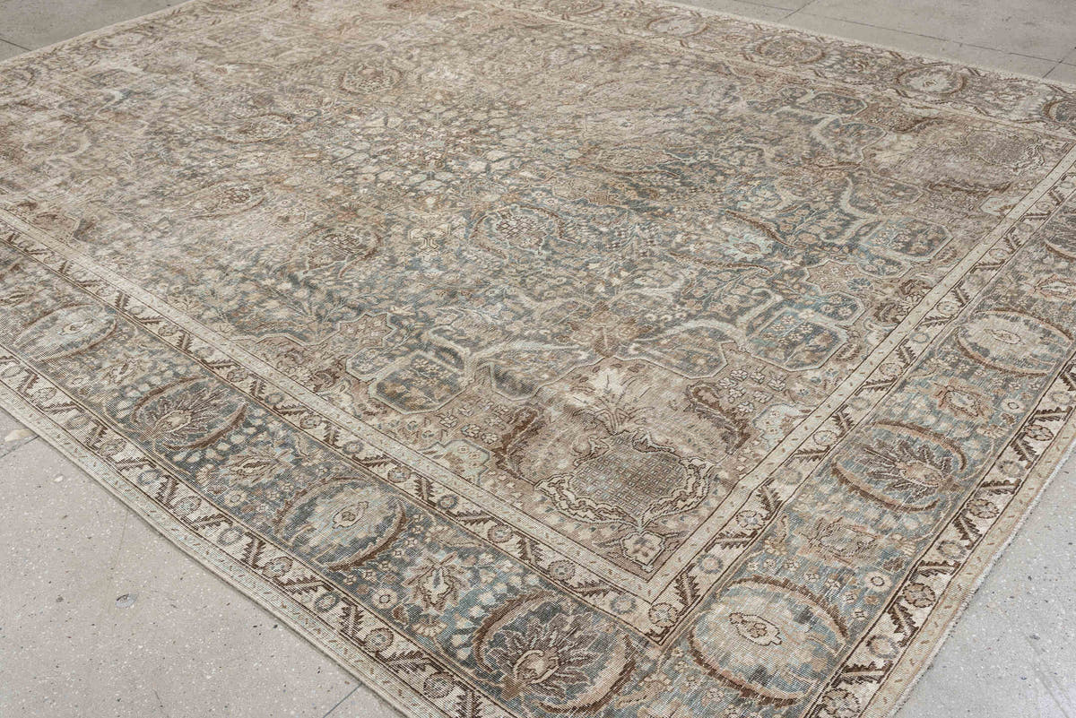 9' x 12' one-of-a-kind handmade antique Tabriz large size rug. Color palette: blue gray, ivory, taupe, beige, brown