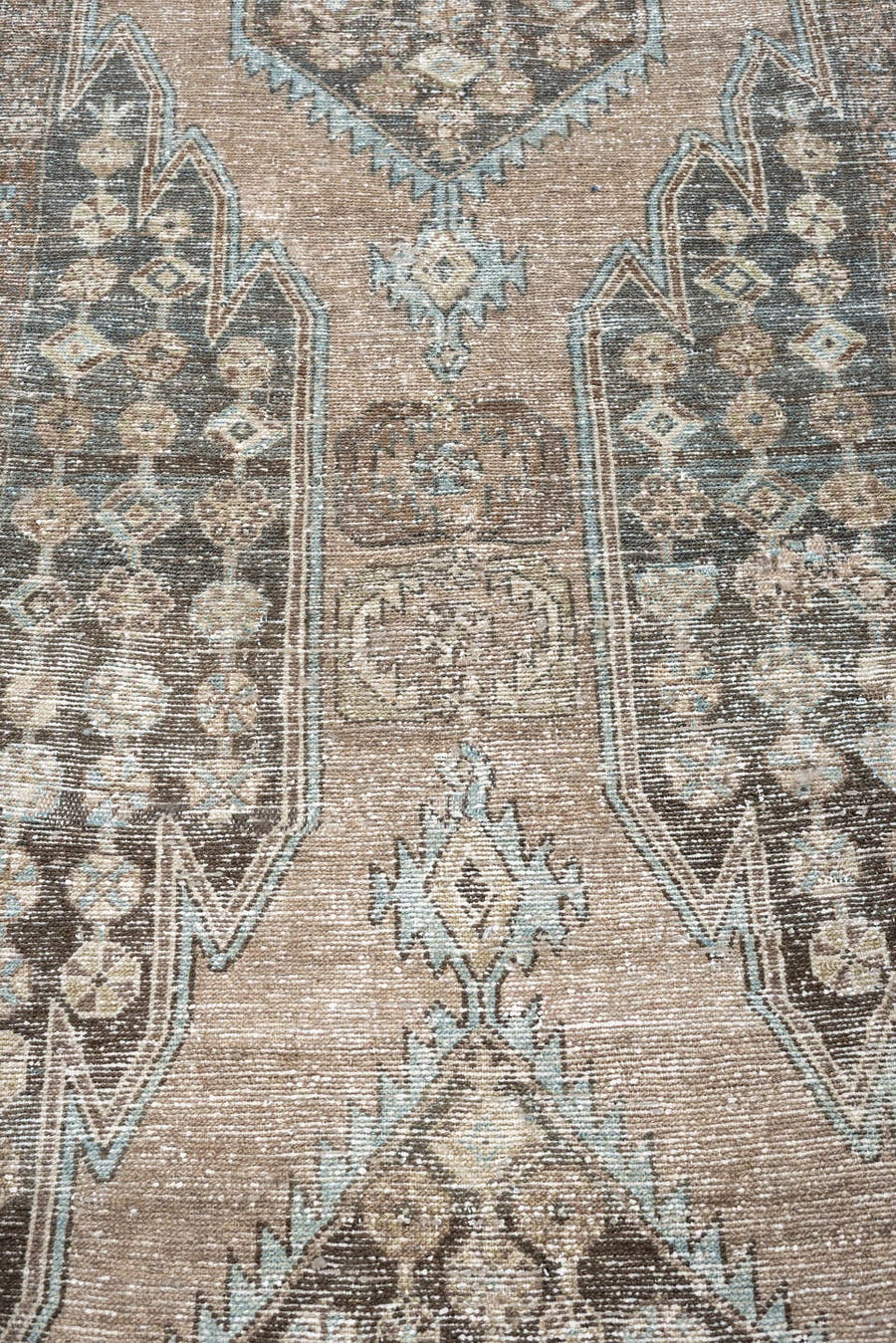 3' x 8' one-of-a-kind handmade antique Mazlagan runner rug. Color palette: taupe, ivory, blue gray, charcoal, beige, slate