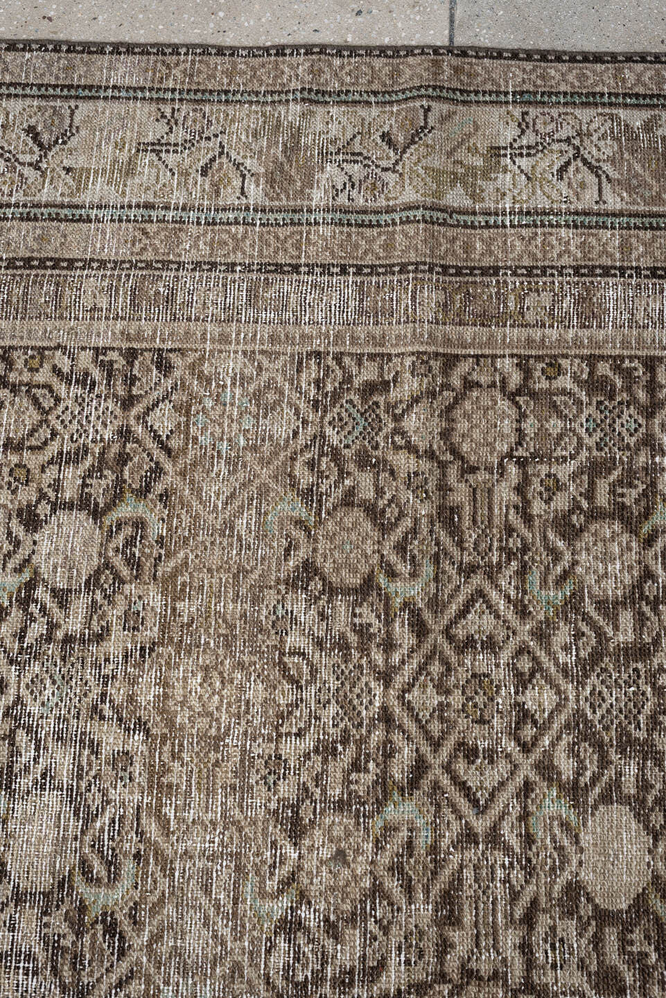 5' x 9' one-of-a-kind handmade antique Malayer medium size rug. Color palette: taupe, ivory, charcoal, brown, sage, beige