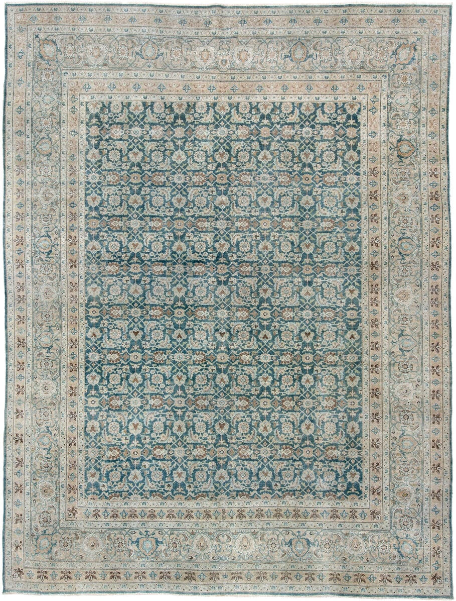 9' x 12' one-of-a-kind handmade antique Tabriz large size rug. Color palette: teal, ivory, sand, taupe, camel, slate, brown
