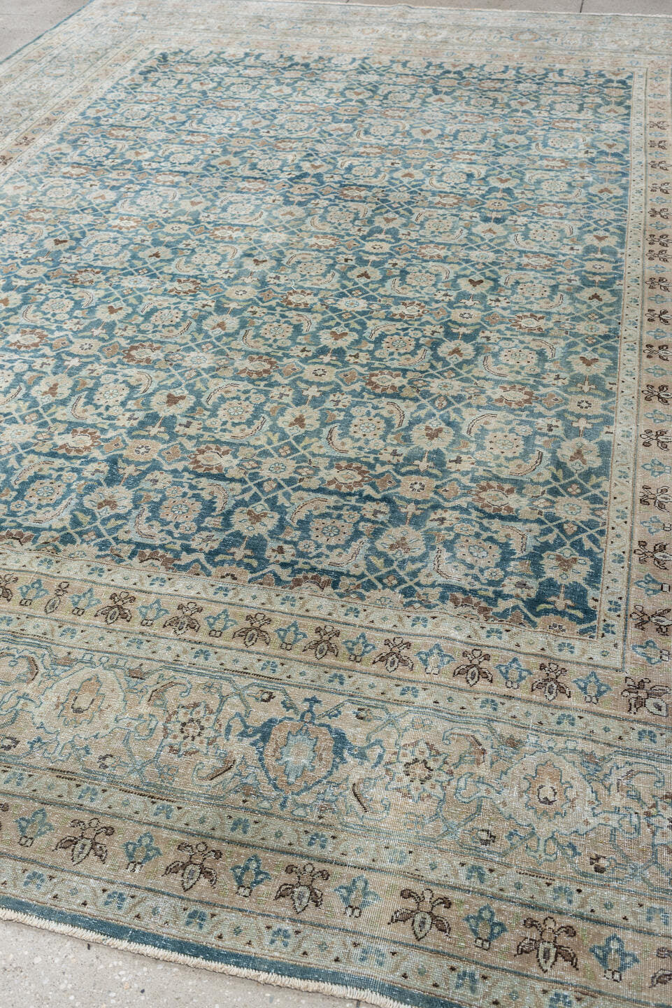 9' x 12' one-of-a-kind handmade antique Tabriz large size rug. Color palette: teal, ivory, sand, taupe, camel, slate, brown