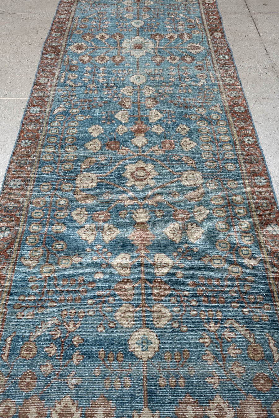 3' x 12' one-of-a-kind handmade antique Malayer runner rug. Color palette: turquoise, rust, ivory, terracotta, taupe, slate