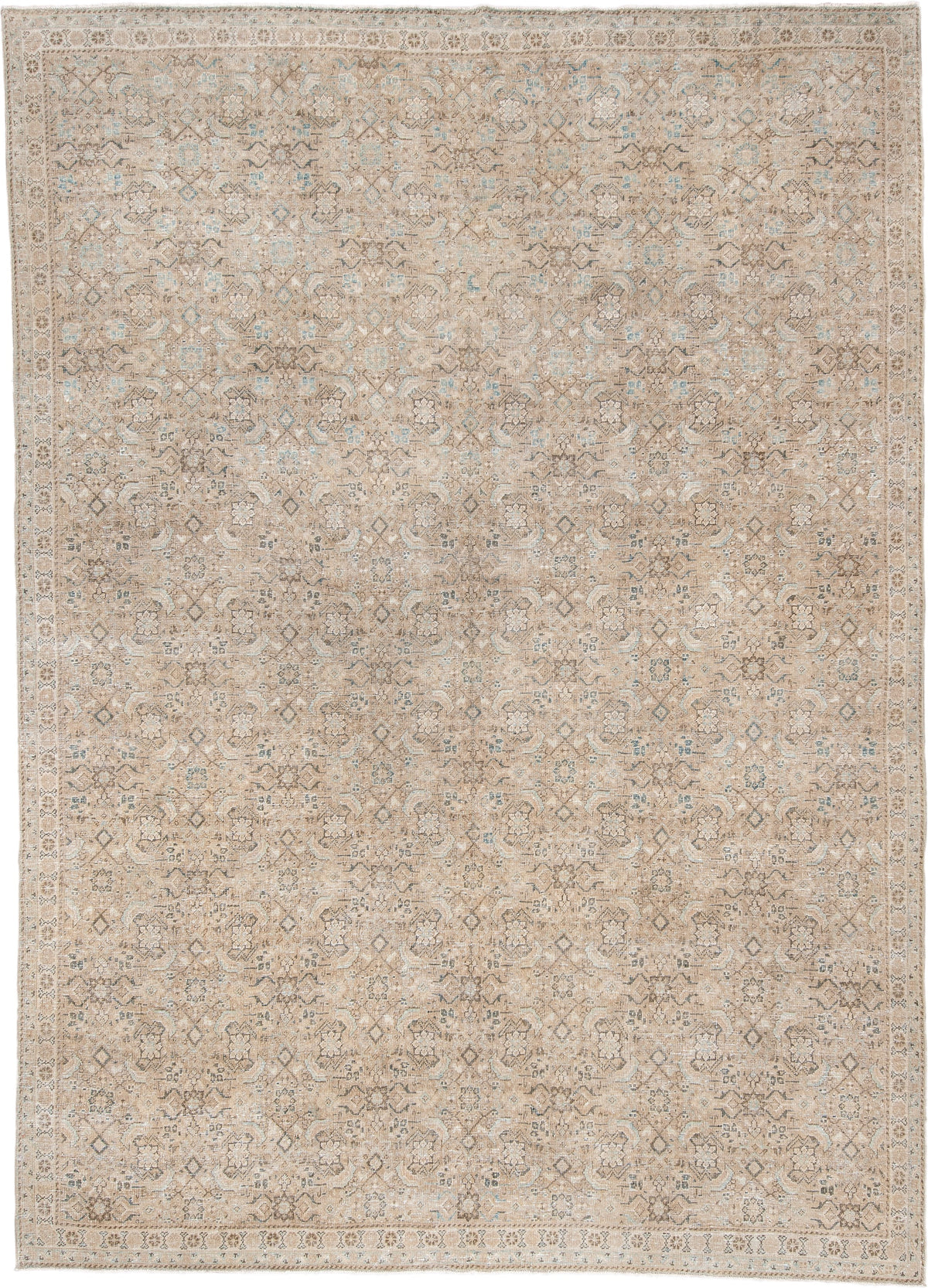7' x 10' one-of-a-kind handmade antique Mahal large size rug. Color palette: ivory, taupe, beige, pale blue, charcoal, camel
