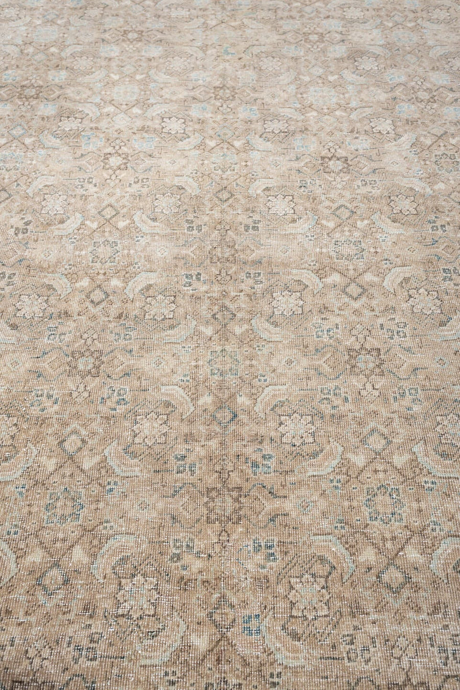 7' x 10' one-of-a-kind handmade antique Mahal large size rug. Color palette: ivory, taupe, beige, pale blue, charcoal, camel