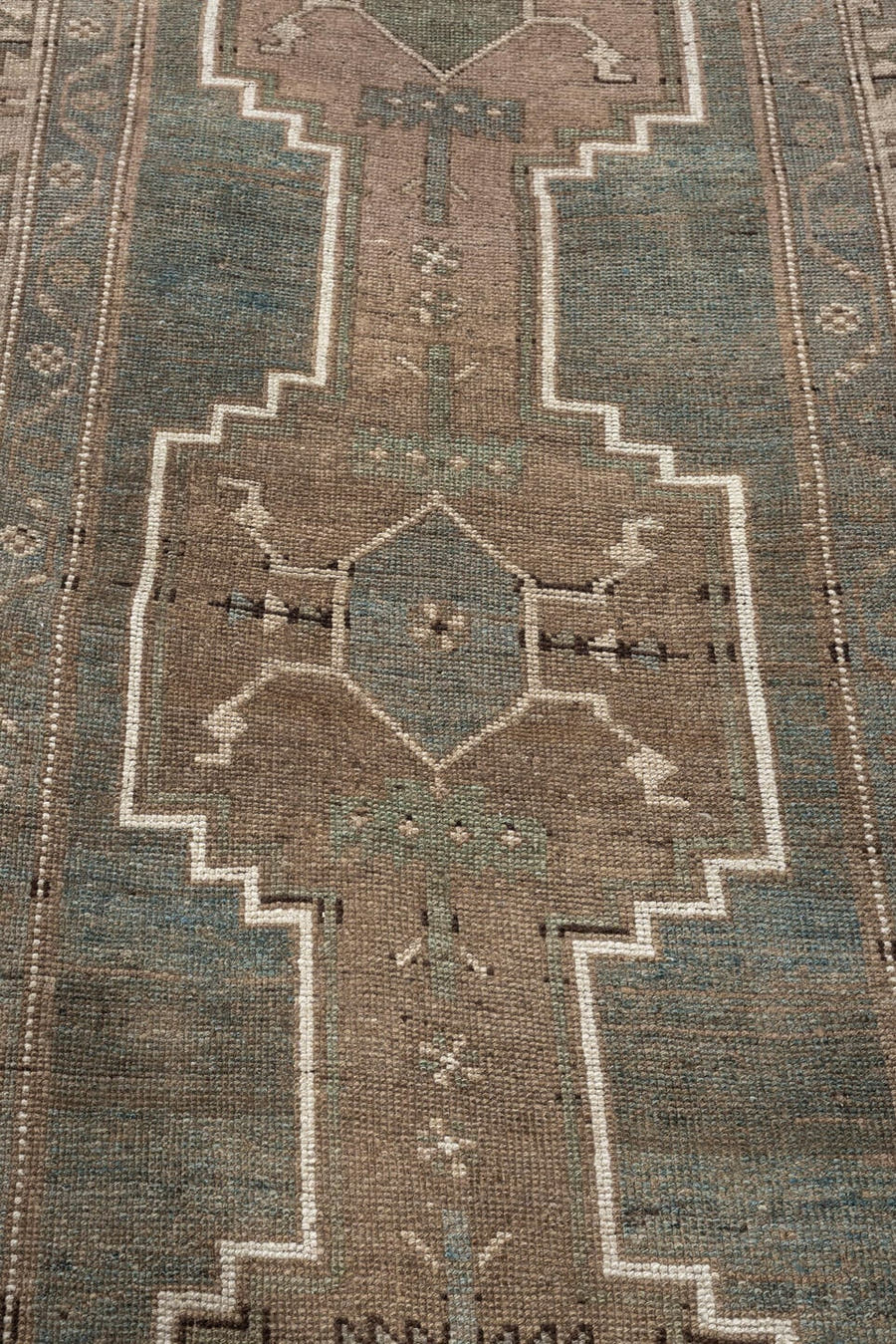 3' x 9' one-of-a-kind handmade antique Kurd runner rug. Color palette: blue green, taupe, ivory, charcoal, sage, brown