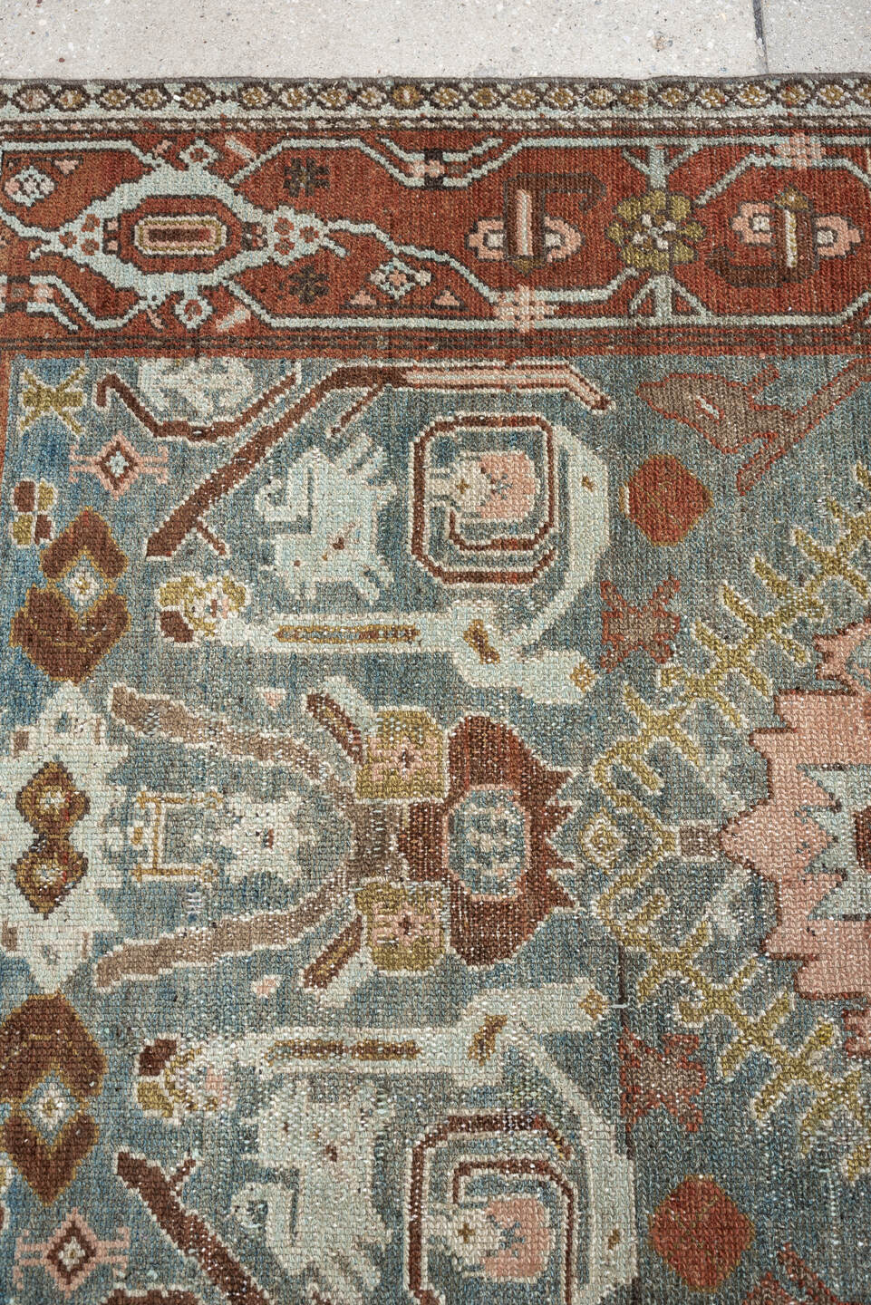 3' x 7' one-of-a-kind handmade antique Malayer runner rug. Color palette: sage, rust, ivory, dusty rose, charcoal, ochre