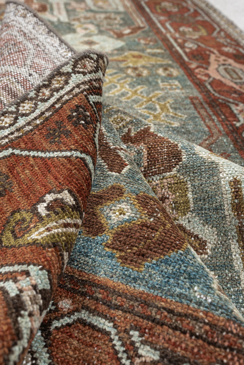 3' x 7' one-of-a-kind handmade antique Malayer runner rug. Color palette: sage, rust, ivory, dusty rose, charcoal, ochre