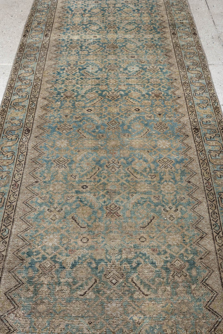 3' x 11' one-of-a-kind handmade antique Malayer runner rug. Color palette: ivory, turquoise, taupe, soft blue, charcoal