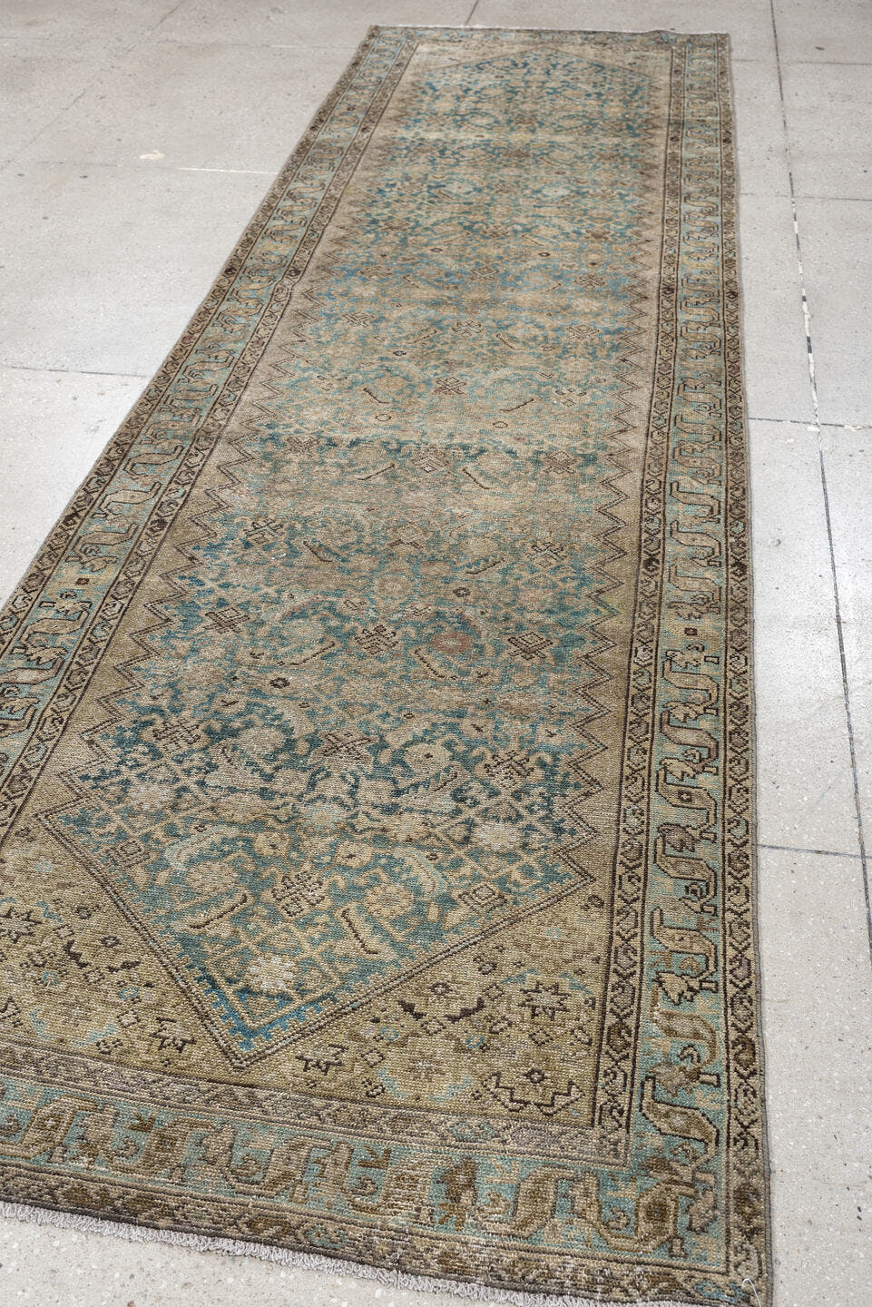 3' x 11' one-of-a-kind handmade antique Malayer runner rug. Color palette: ivory, turquoise, taupe, soft blue, charcoal