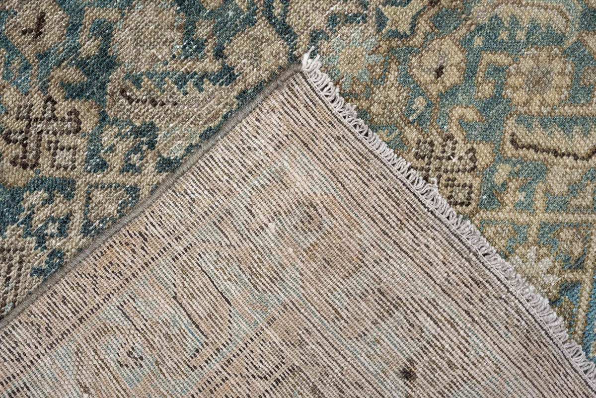3' x 11' one-of-a-kind handmade antique Malayer runner rug. Color palette: ivory, turquoise, taupe, soft blue, charcoal