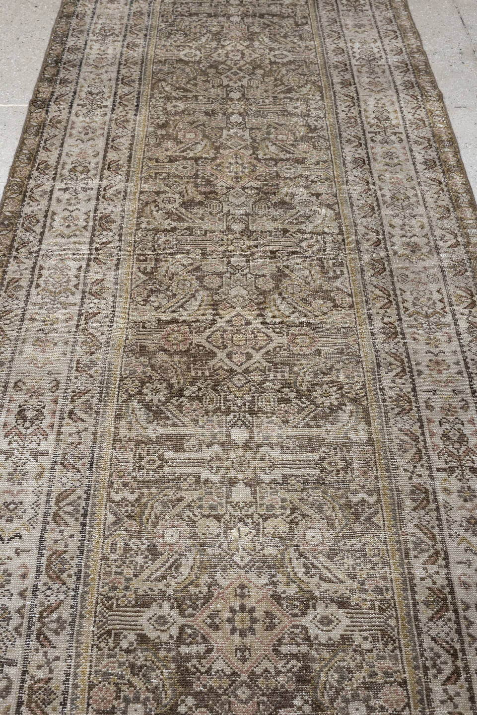 3' x 12' one-of-a-kind handmade antique Malayer runner rug. Color palette: taupe, ivory, brown, charcoal, camel, sage, rose