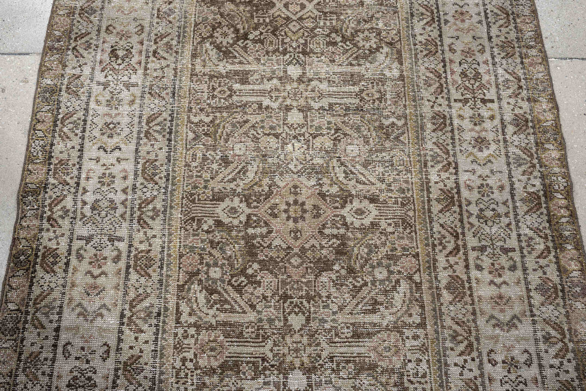 3' x 12' one-of-a-kind handmade antique Malayer runner rug. Color palette: taupe, ivory, brown, charcoal, camel, sage, rose
