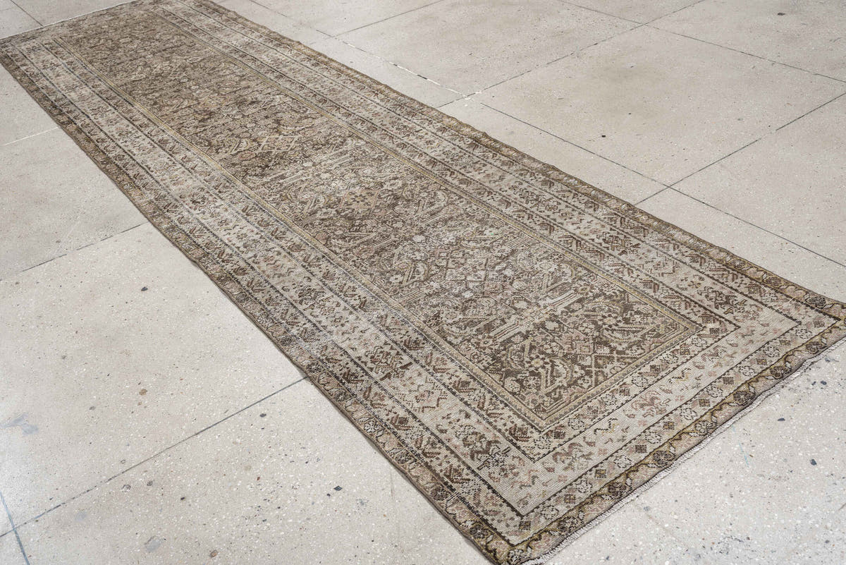 3' x 12' one-of-a-kind handmade antique Malayer runner rug. Color palette: taupe, ivory, brown, charcoal, camel, sage, rose