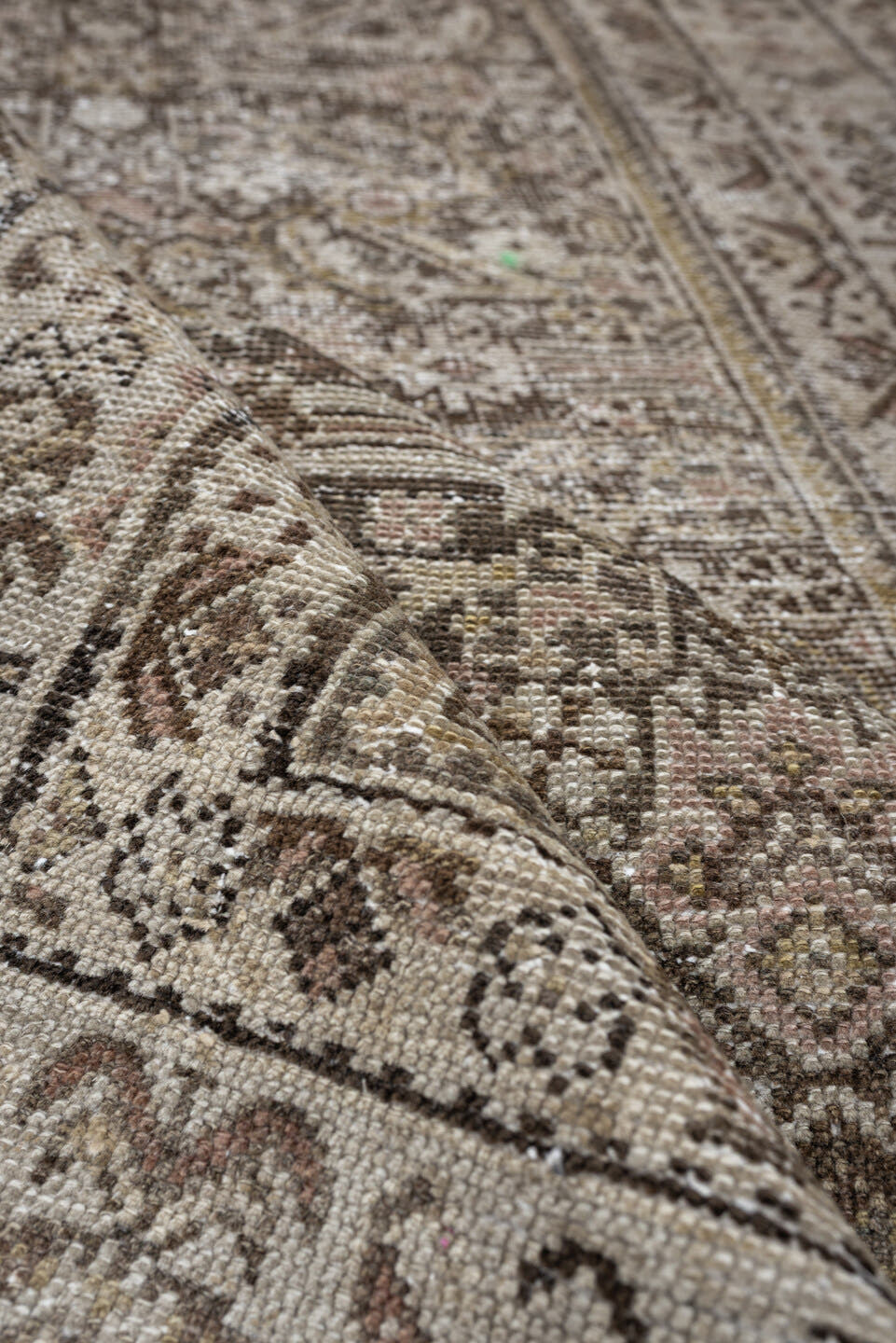 3' x 12' one-of-a-kind handmade antique Malayer runner rug. Color palette: taupe, ivory, brown, charcoal, camel, sage, rose