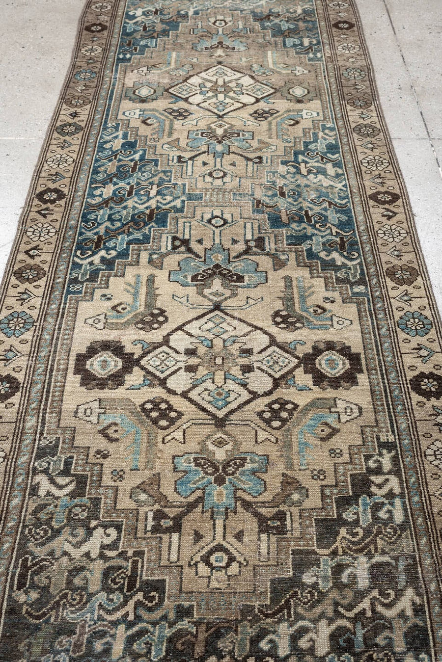 3' x 12' one-of-a-kind handmade antique Malayer runner rug. Color palette: teal, ivory, taupe, charcoal, slate, muted rose