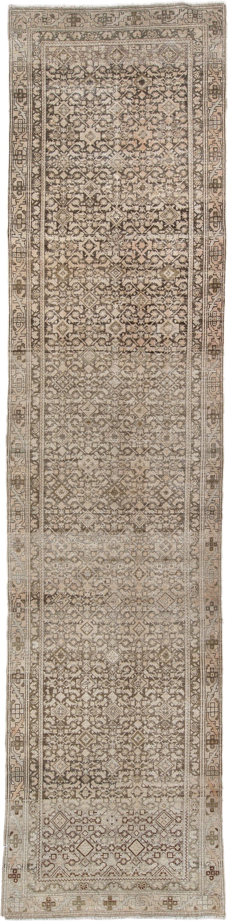 3' x 13' one-of-a-kind handmade antique Malayer runner rug. Color palette: ivory, taupe, camel, charcoal, brown, sage