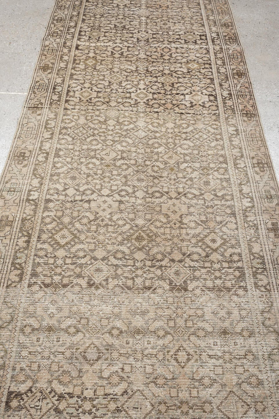 3' x 13' one-of-a-kind handmade antique Malayer runner rug. Color palette: ivory, taupe, camel, charcoal, brown, sage