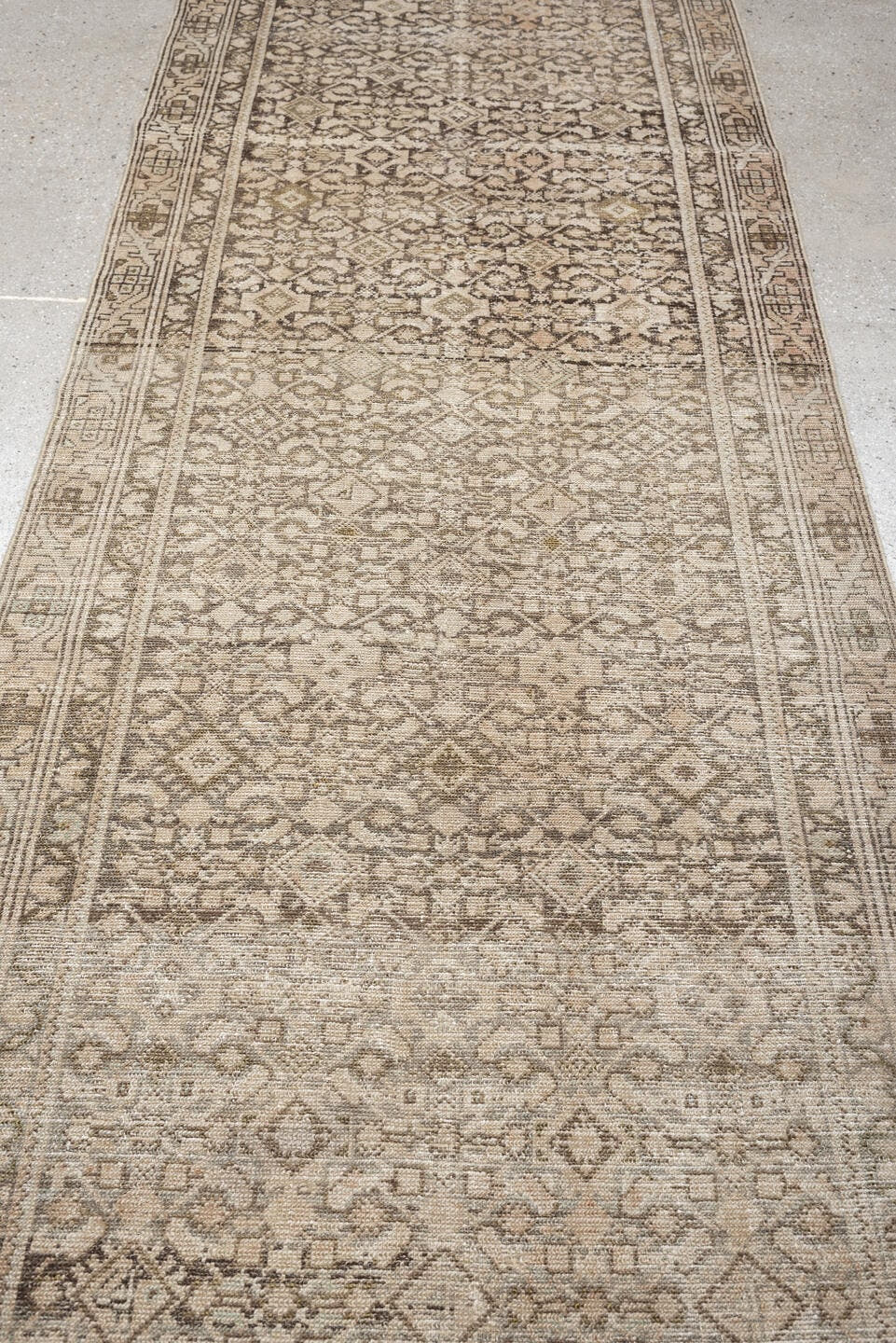 3' x 13' one-of-a-kind handmade antique Malayer runner rug. Color palette: ivory, taupe, camel, charcoal, brown, sage
