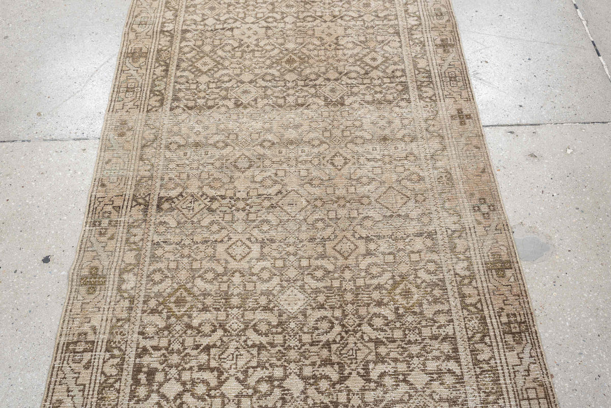 3' x 13' one-of-a-kind handmade antique Malayer runner rug. Color palette: ivory, taupe, camel, charcoal, brown, sage
