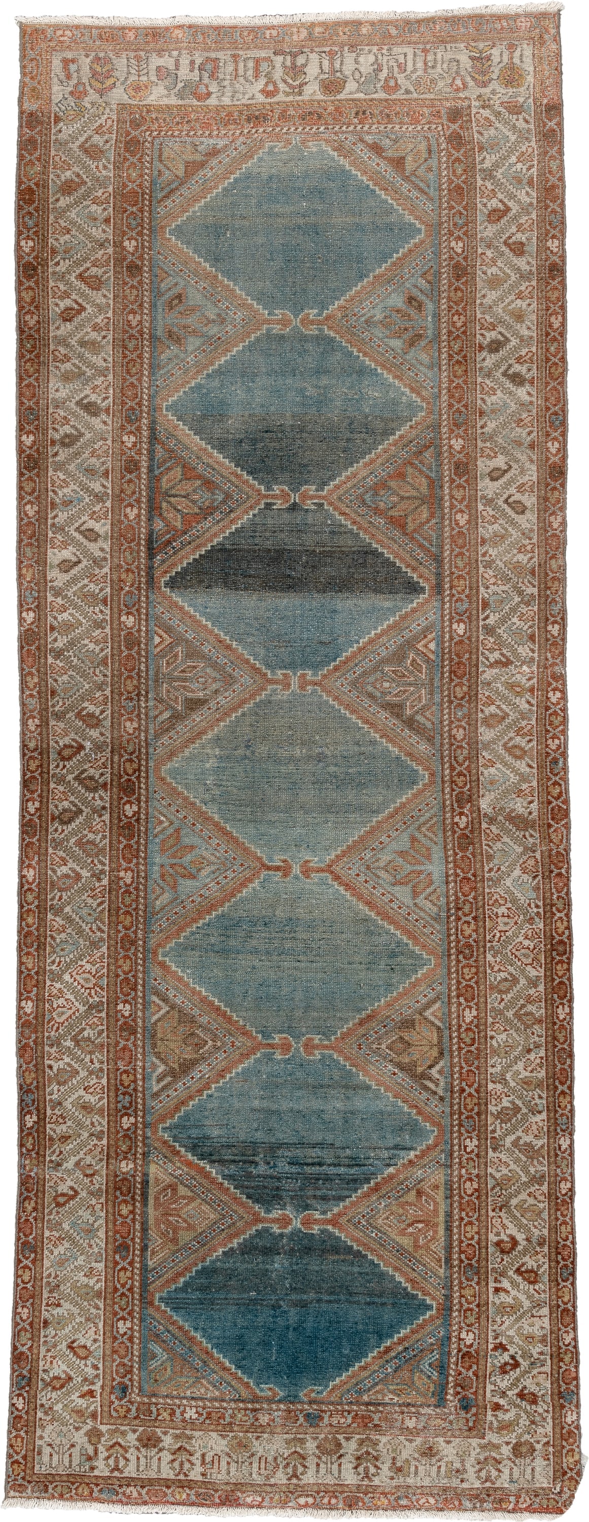 3' x 9' one-of-a-kind handmade antique Kurd runner rug. Color palette: teal, ivory, rust, slate, terracotta, taupe, charcoal