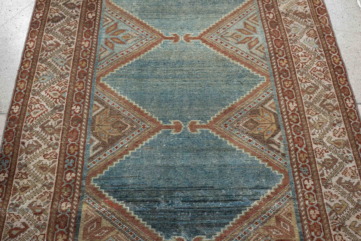 3' x 9' one-of-a-kind handmade antique Kurd runner rug. Color palette: teal, ivory, rust, slate, terracotta, taupe, charcoal