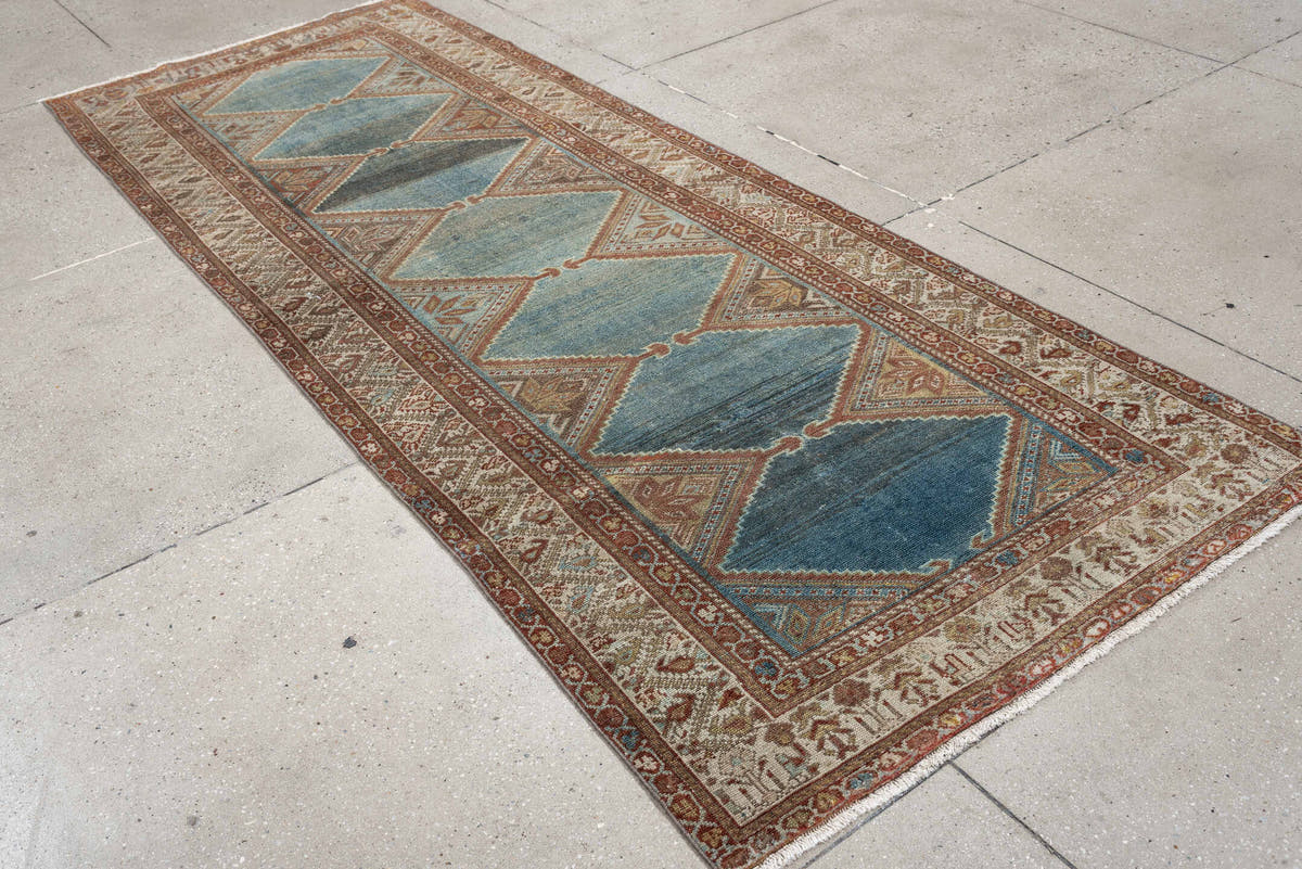 3' x 9' one-of-a-kind handmade antique Kurd runner rug. Color palette: teal, ivory, rust, slate, terracotta, taupe, charcoal