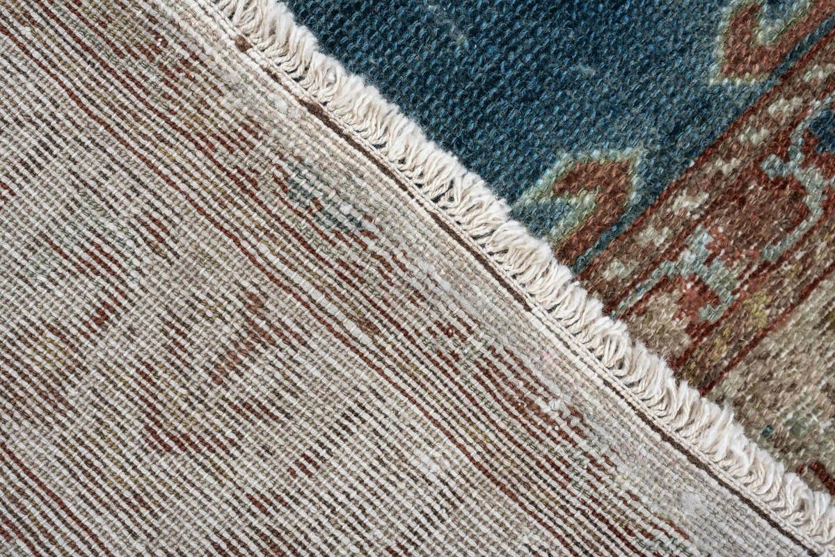 3' x 9' one-of-a-kind handmade antique Kurd runner rug. Color palette: teal, ivory, rust, slate, terracotta, taupe, charcoal