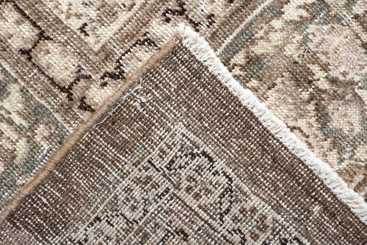 13' x 19' one-of-a-kind handmade antique Tabriz oversize rug. Color palette: ivory, taupe, brown, charcoal, blue gray, beige